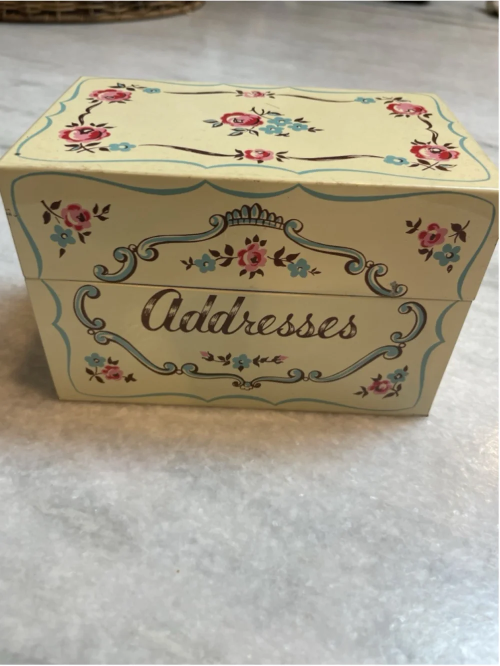 Vintage Stylecraft Floral Metal Address Card File Box w/ Cards Mid Century Decor